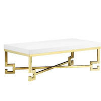 Wooden Coffee Table with Designer Metal Feet and X Crossed Support, White and Gold