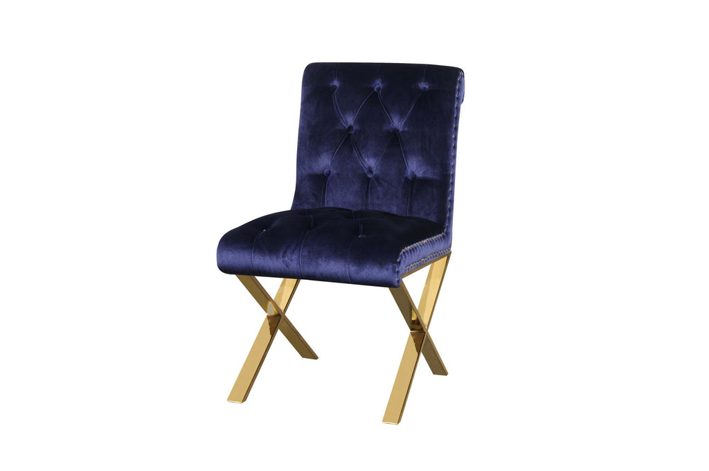 Velvet Upholstered Dining Side Chairs with Steel X Style Legs, Blue and Gold, Set of Two