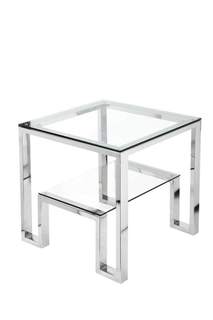 Geometric Metal Framework Side Table with Glass Top and Open Shelf, Silver and Clear