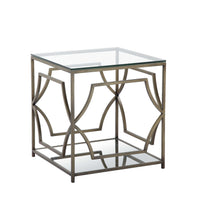 Glass Side Table with Metal Open Geometric Design Base and One Shelf, Bronze and Clear