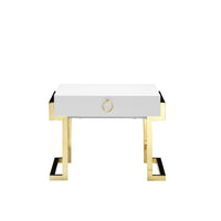 Wooden One Drawer Side Table with Ring Pull and Stainless Steel Feet, White and Gold