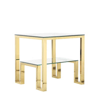 Geometric Metal Framework Side Table with Glass Top and Open Shelf, Gold and Clear