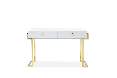 Wooden Two Drawers Writing Desk with Stainless Steel Legs, White and Gold