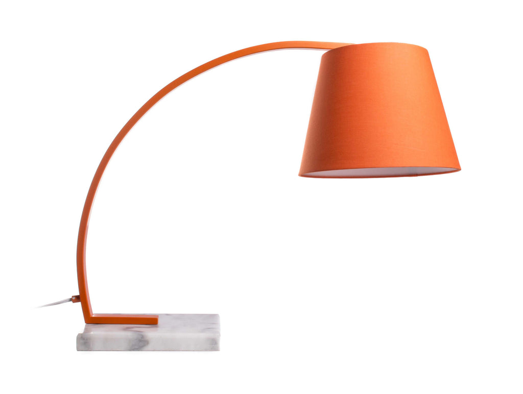 Metal Table Lamp with Fabric Adjustable Shade and Curved Arms, Orange and White