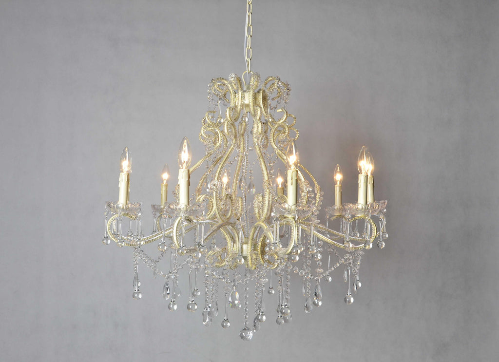 Traditional Style Iron Chandelier with Crystal Accent , White and Clear