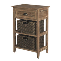 Cottage Style Wooden Accent Table with Two Woven Storage Baskets, Brown