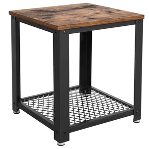 Metal Frame End Table with Wooden Top and Wide Mesh Bottom Shelf, Brown and Black