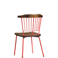 Wood and Metal Side Chairs with Slat Style Back, Red and Brown, Set of Two