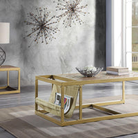 Metal Constructed Coffee Table with Leatherette Top and Magazine Holder, Beige and Gold