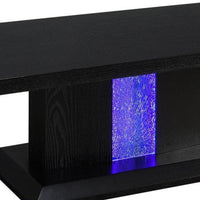 Wooden Coffee Table with LED Inlaid Pedestal Base and Beveled Edges, Black