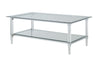 Metal Accented Glass Top Coffee Table with Open Shelf and Acrylic Legs, Silver and Clear