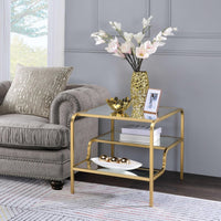 Metal Framed Mirror End Table with Tiered Shelves, Gold and Clear