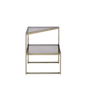 Modern Style Two Tiered Metal and Glass End Table, Gold and Clear