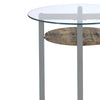 Metal Base Round End Table with Wooden Shelf and Glass Top, Black and Brown