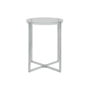 Round Metal Framed Side Table with Cross Base and Acrylic Top, Silver and Clear