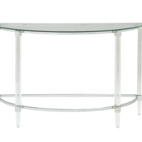 Acrylic and Metal Half Moon Sofa Table with Glass Top, Silver and Clear