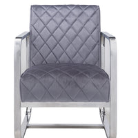 Diamond Grid Patterned Velvet Upholstered Accent Chair with Metal Arms and Legs, Gray and Silver