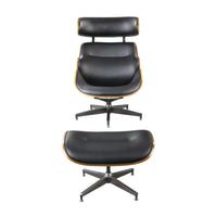 Leatherette Wooden Chair and Ottoman with Aluminum Base, Black and Brown, Pack of Two