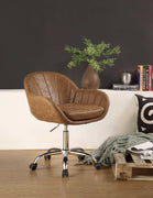 Tufted Leatherette Swivel Office Chair with Adjustable Height, Brown and Silver