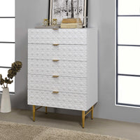 Five Drawers Wooden Chest with Textured Front Panel and Tapered Legs, White and Gold