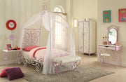 Contemporary Metal Twin Bed with Canopy and Scrolled Work Details, White and Purple