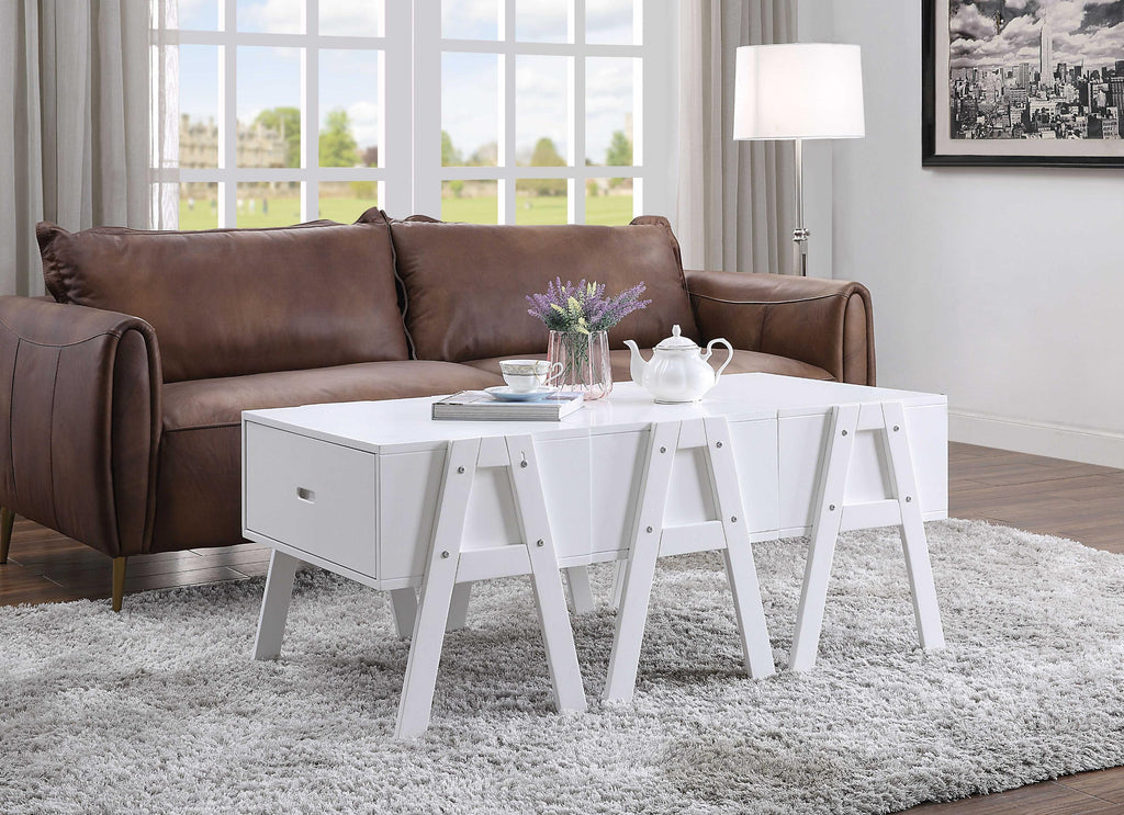 Three Drawers Wooden Convertible Coffee Table with Angled Legs, White