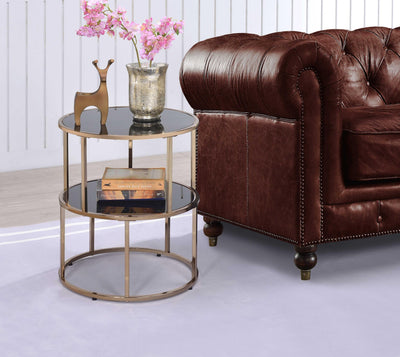 Round Metal Framed Side Table with Glass Top and Open Shelve, Black and Gold