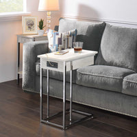 Tubular Metal Base Wooden Side Table with USB Dock and Open Shelve, White and Silver