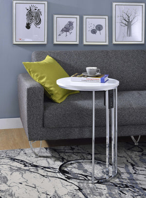 Round Metal Framed Side Table with Wooden Top and USB Dock, White and Silver