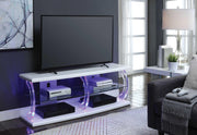 Wooden TV Stand with Acrylic Posts and Four Open Compartments, White and Clear