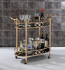 Two Tier Metal Framed Serving Cart with Designer Side Rails and Glass Shelves, Gold and Black