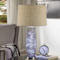 Contemporary Metal Table Lamp with Linen Drum Shade and LED Glass Panels, Silver and Beige