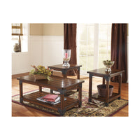 Wooden Table Set with Lower Shelf and Metal Brackets, Set of Three, Brown and Gray