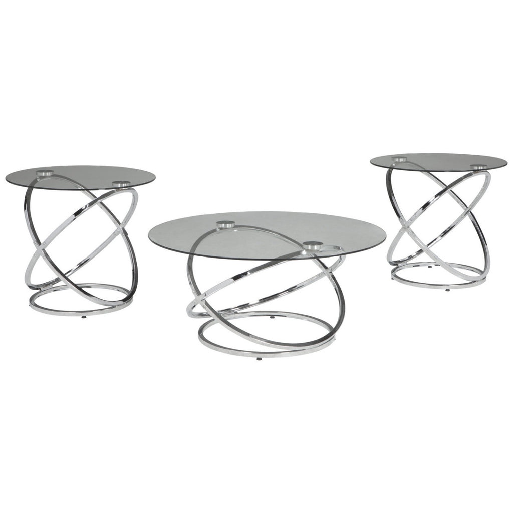 Contemporary Glass Top Table Set with Metal Rings Base, Clear and Silver