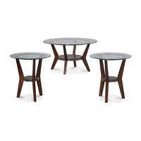 Round Wooden Table Set with Glass Top and Lower Shelf, Set of Three, Brown and Clear