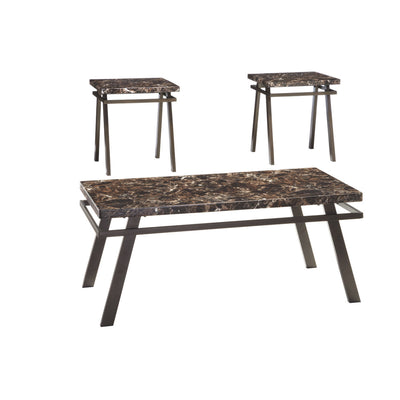 Faux Marble Top Table Set with Flared Metal Legs, Set of Three, Brown and Black