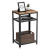 Industrial Style Iron and Wood Side Table with Two Tier Mesh Shelves, Black and Brown