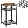 Industrial Style Iron and Wood Side Table with Two Tier Mesh Shelves, Black and Brown