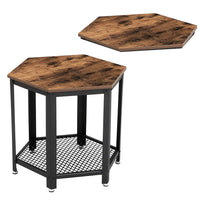 Iron Framed End Table with Wooden Top and Wire Mesh Open Shelf, Brown and Black