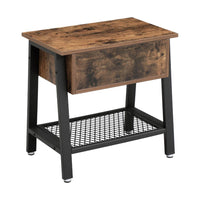 Industrial Style Wooden Nightstand with Metal Framework and Mesh Bottom Shelf, Brown and Black