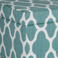 Quatrefoil Print Fabric Upholstered Wooden Bench With Hinged Storage, Large, Teal Blue and Cream