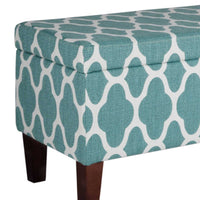 Quatrefoil Print Fabric Upholstered Wooden Bench With Hinged Storage, Large, Teal Blue and Cream