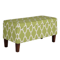 Quatrefoil Print Fabric Upholstered Wooden Bench With Hinged Storage, Large, Green and Cream