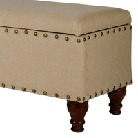 Fabric Upholstered Wooden Storage Bench With Nail head Trim, Large, Tan Brown