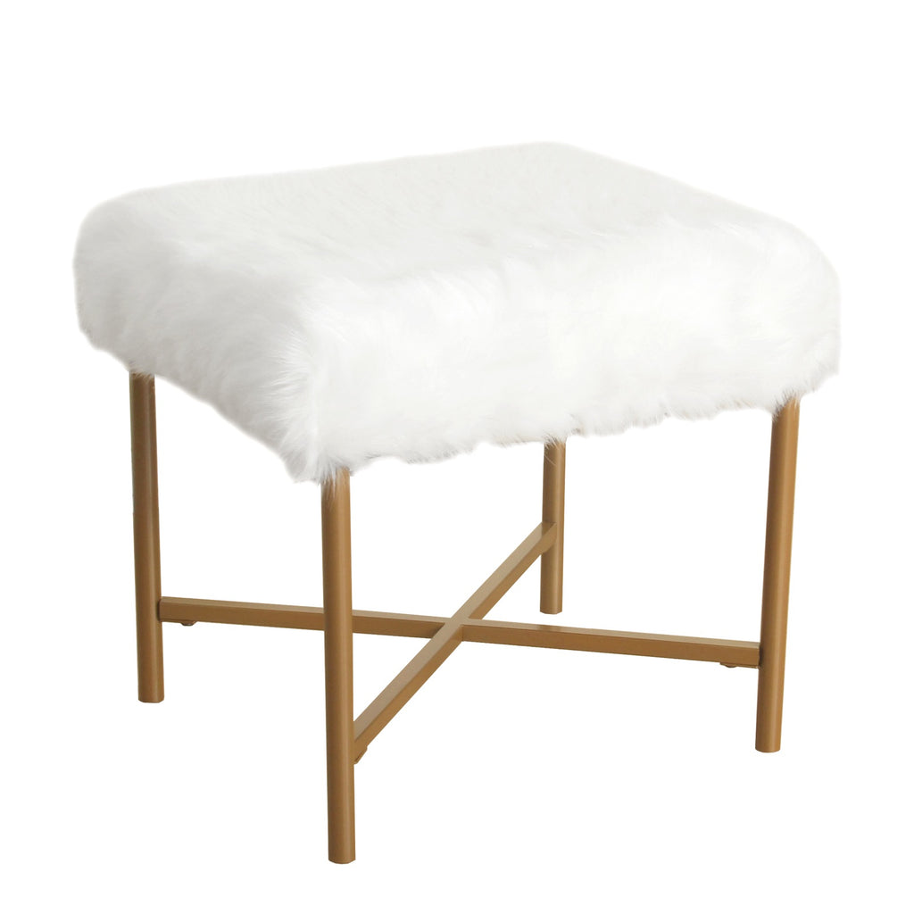 Upholstered Stool with Tubular Metal Legs and X Shape Base, White and Gold