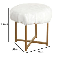 Round Faux Fur Upholstered Stool with X Shape Metal Base, White and Gold