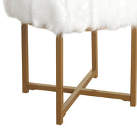 Round Faux Fur Upholstered Stool with X Shape Metal Base, White and Gold