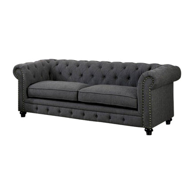 Sofa With Nailhead Details And Button Tuftings, Gray