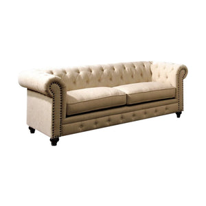 Sofa With Nailhead Details And Button Tuftings, Ivory Cream