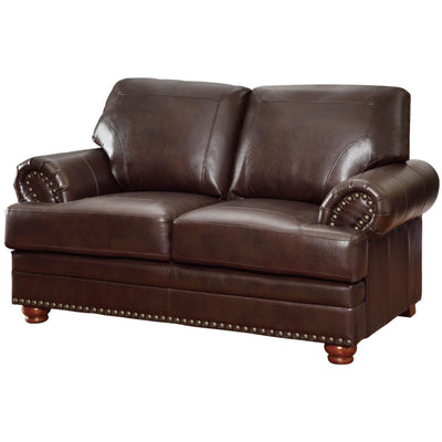 Traditional Wood & PU Leather Loveseat With Nailhead Trim, Brown